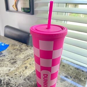 Dunkin' Pink Checkered Tumbler with Straw